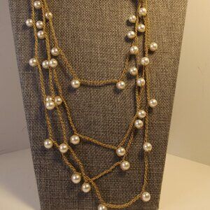 Gold Thread Crochet Necklace / Bracelet with Faux Pearls in Silver Tones